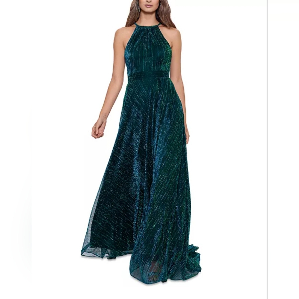 Betsy and Adam "Mila" Long Halter Metallic Dress